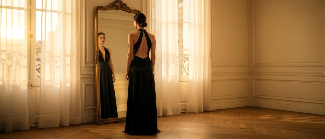 De dos devant un miroir doré, une robe longue noire au dos ouvert jusqu’à la taille, portée sans soutien-gorge