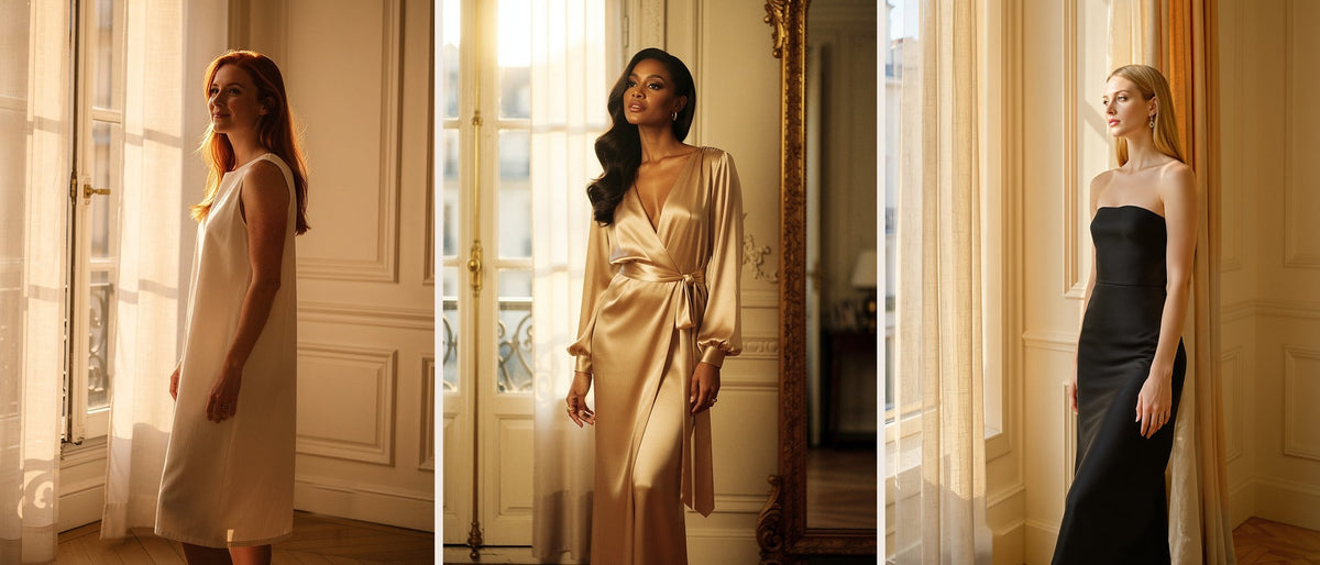 Trois femmes dans un appartement parisien à l’heure dorée : robe blanche en coton, robe portefeuille champagne au décolleté plongeant, robe bustier noire