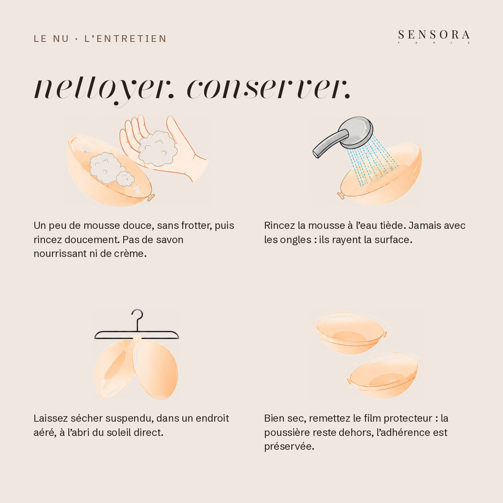 Nettoyer et conserver Le Nu : un peu de mousse sans frotter, eau tiède, séchage à l'air, film protecteur