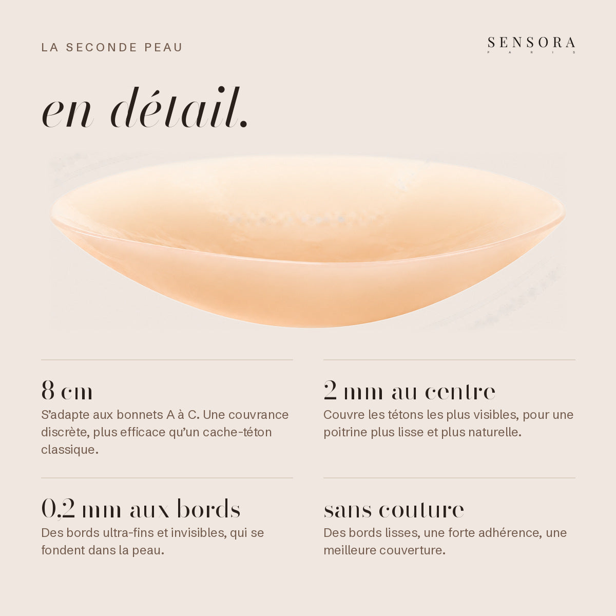 La Seconde Peau en détail — 8 cm pour les bonnets A à C, 2 mm au centre, 0,2 mm aux bords, sans couture